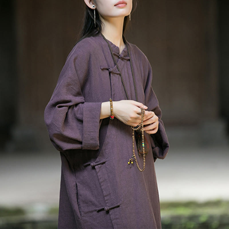 Buddha Stones無地フロッグボタン 長袖 ラミーリネンコットン ミディドレス ポケット付き - image 24