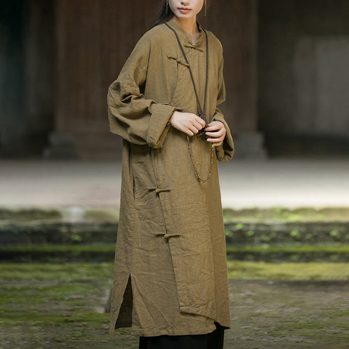 Buddha Stones無地フロッグボタン 長袖 ラミーリネンコットン ミディドレス ポケット付き - image 2