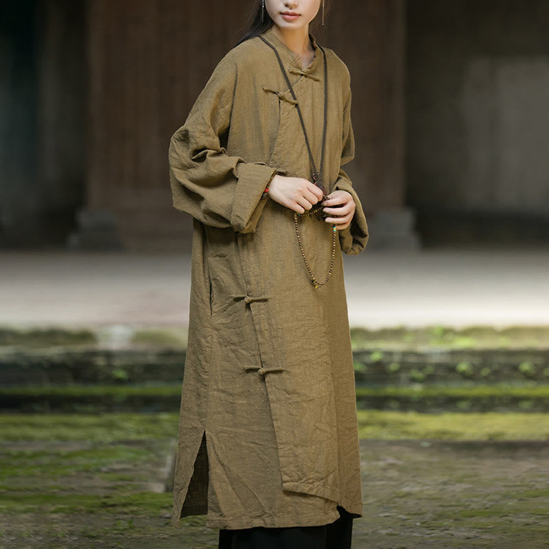 Buddha Stones無地フロッグボタン 長袖 ラミーリネンコットン ミディドレス ポケット付き - image 2