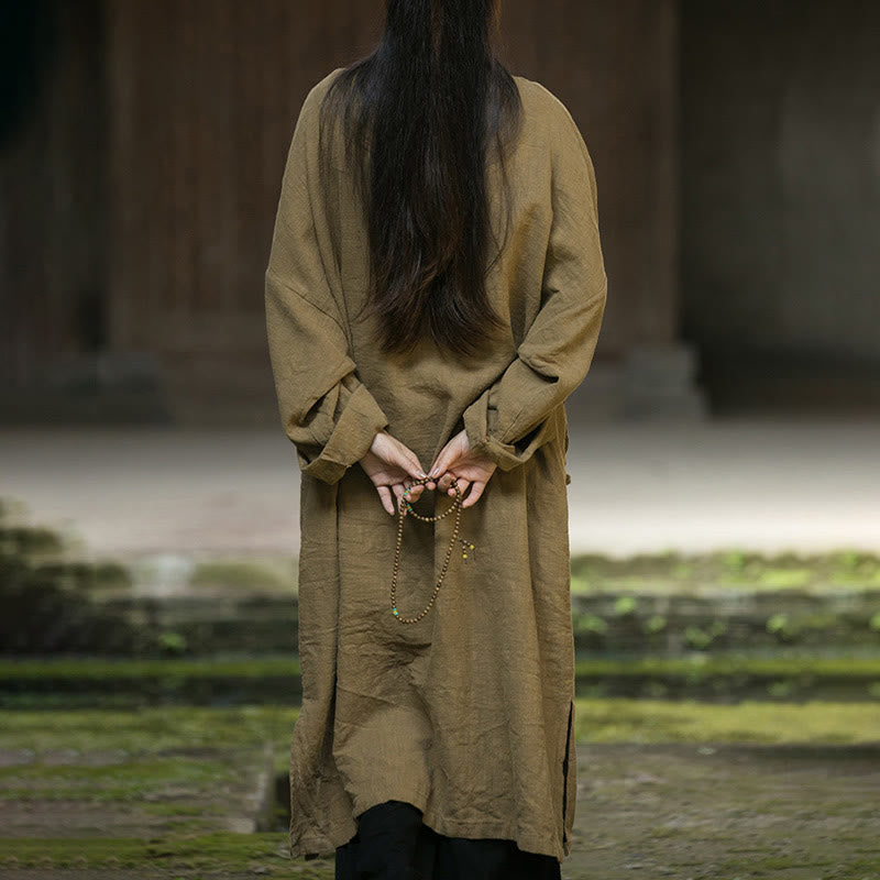 Buddha Stones無地フロッグボタン 長袖 ラミーリネンコットン ミディドレス ポケット付き - image 4