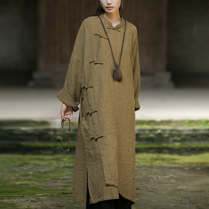 Buddha Stones無地フロッグボタン 長袖 ラミーリネンコットン ミディドレス ポケット付き - image 10