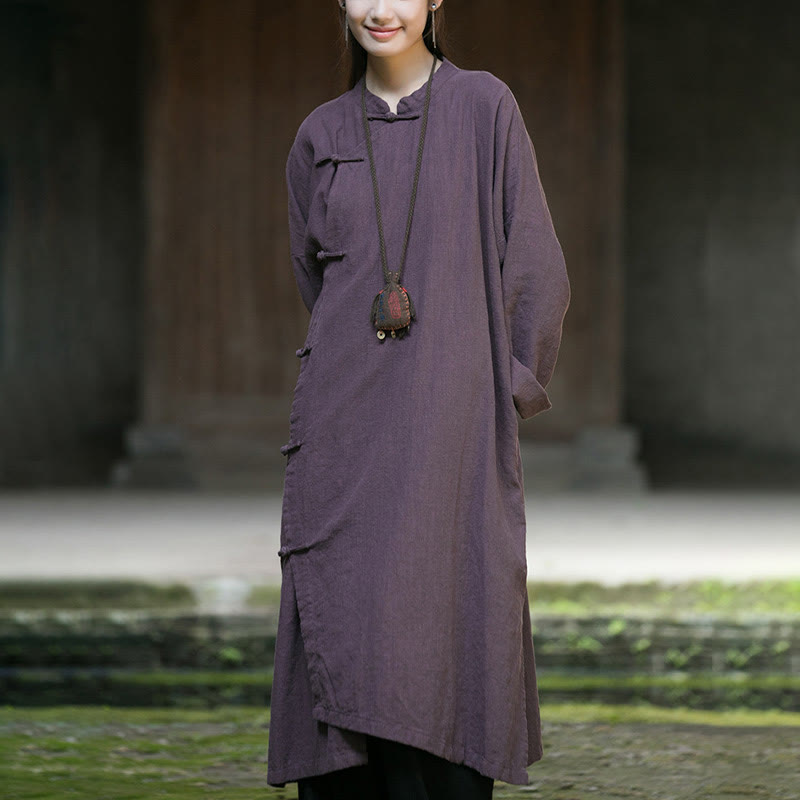 Buddha Stones無地フロッグボタン 長袖 ラミーリネンコットン ミディドレス ポケット付き - image 22
