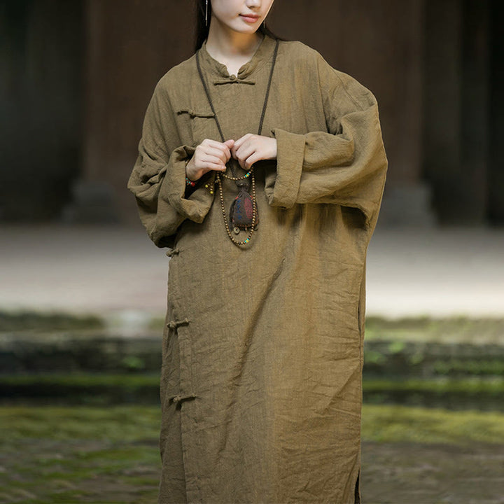 Buddha Stones無地フロッグボタン 長袖 ラミーリネンコットン ミディドレス ポケット付き - image 12