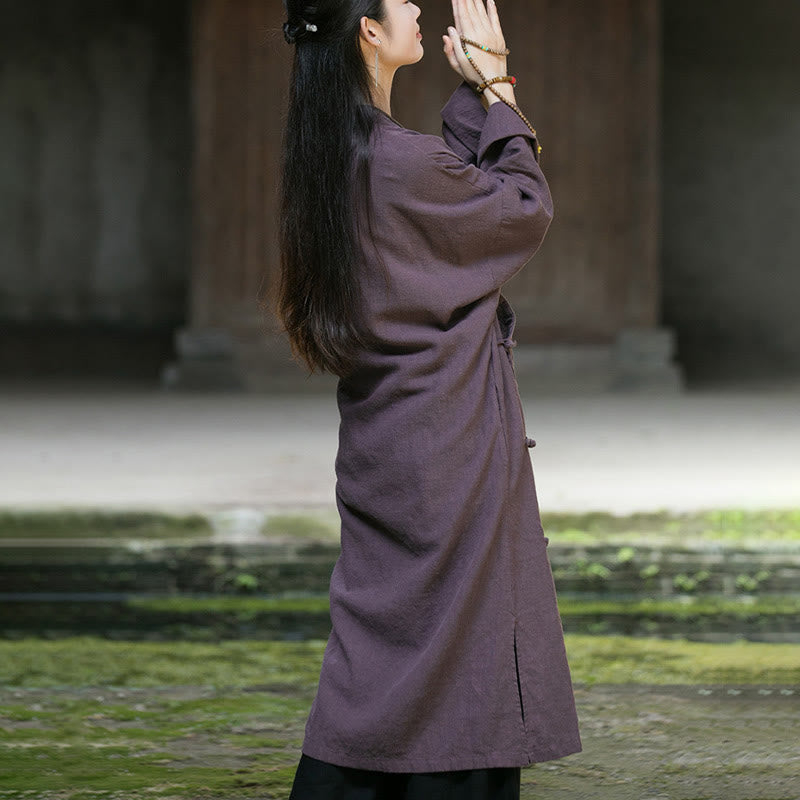 Buddha Stones無地フロッグボタン 長袖 ラミーリネンコットン ミディドレス ポケット付き - image 19