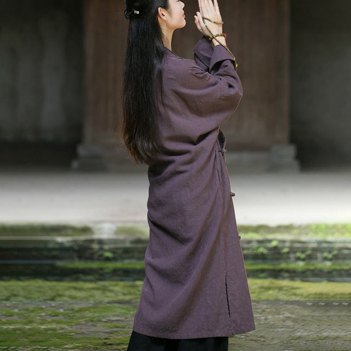 Buddha Stones無地フロッグボタン 長袖 ラミーリネンコットン ミディドレス ポケット付き - image 19