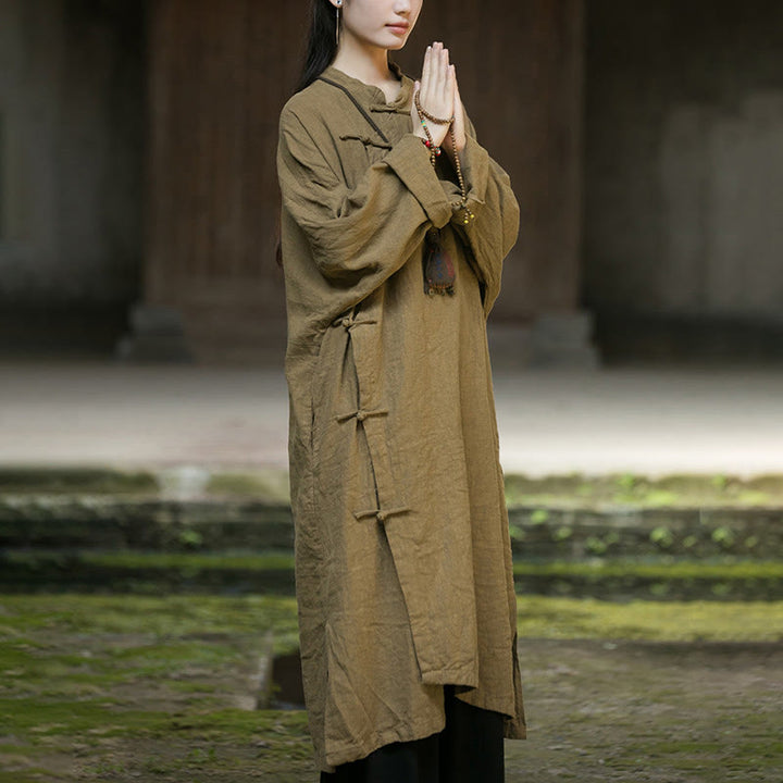 Buddha Stones無地フロッグボタン 長袖 ラミーリネンコットン ミディドレス ポケット付き - image 8