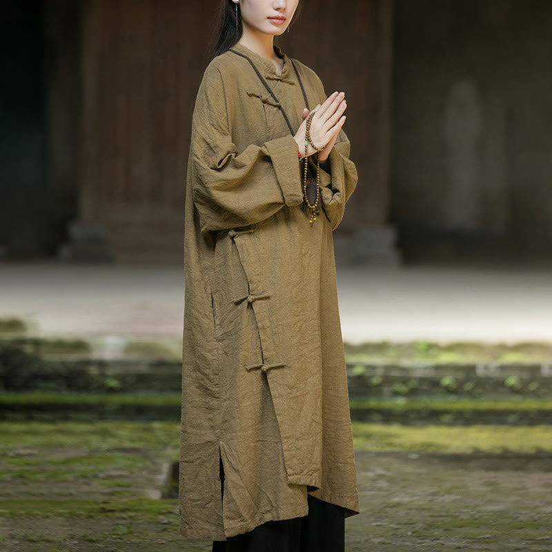 Buddha Stones無地フロッグボタン 長袖 ラミーリネンコットン ミディドレス ポケット付き - image 7