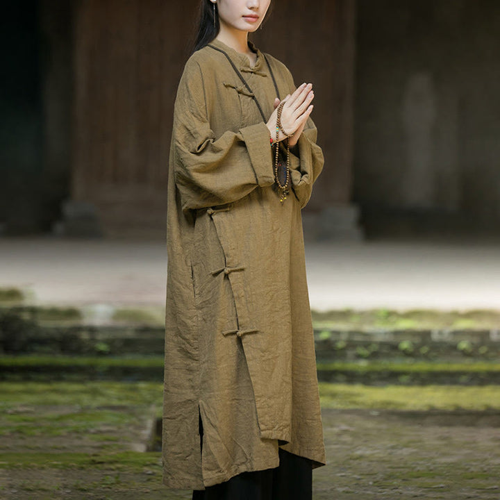Buddha Stones無地フロッグボタン 長袖 ラミーリネンコットン ミディドレス ポケット付き - image 7