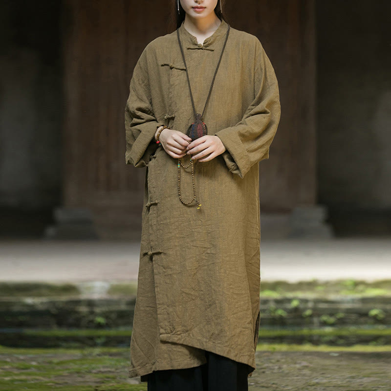Buddha Stones無地フロッグボタン 長袖 ラミーリネンコットン ミディドレス ポケット付き - オリーブ - US4-12、 UK/AU8-16、 EU36-44 (F) - image 0