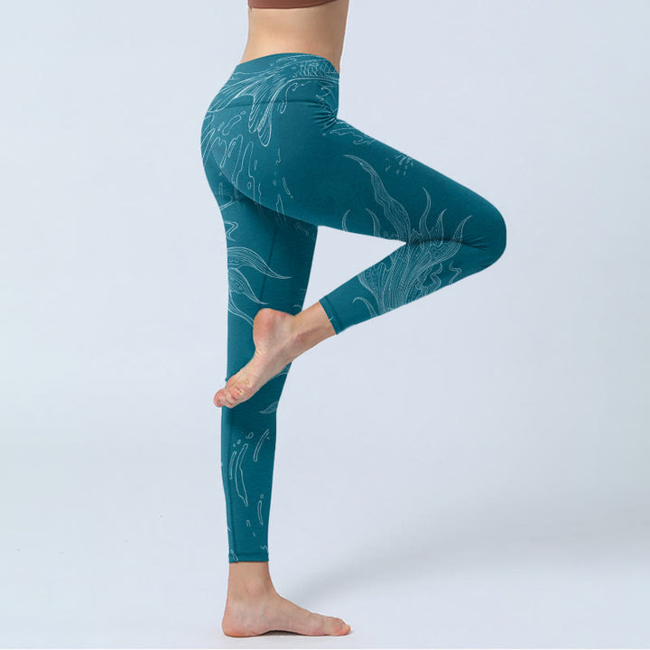 Buddha Stonesブルー鯉 流れる波 プリント ジムレギンス レディース ヨガパンツ - image 4