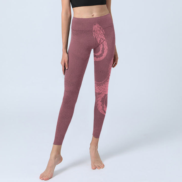 Buddha Stonesピンク スネーク＆スネークスキンプリント ジムレギンス レディース ヨガパンツ - image 6