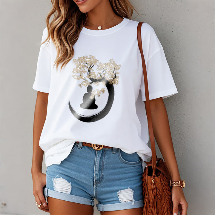 Buddha Stones、木の下に座る仏陀のコットンTシャツ - image 14