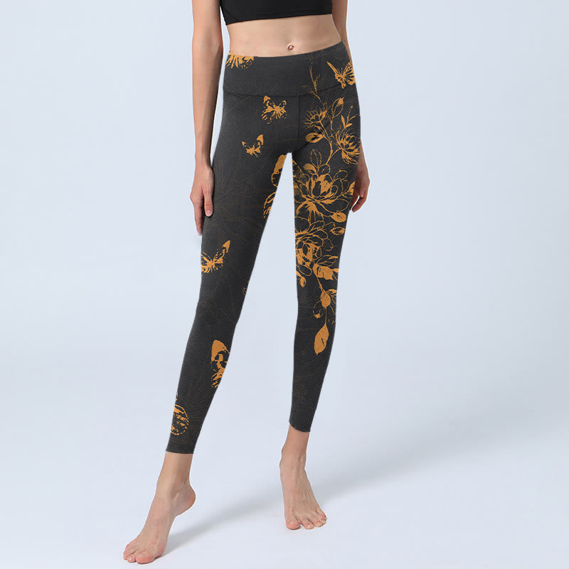Buddha Stonesダークグレー 蝶 牡丹 花柄 プリント ジムレギンス レディース ヨガパンツ - image 6