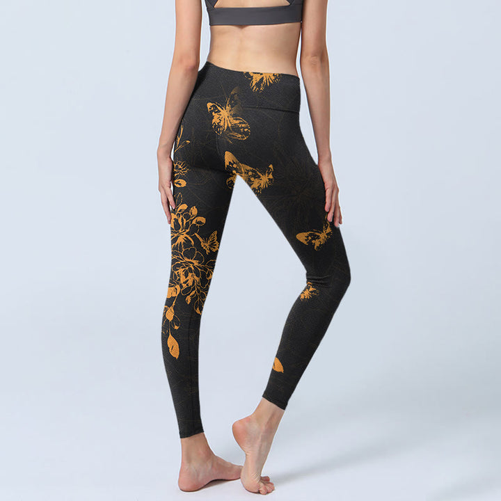 Buddha Stonesダークグレー 蝶 牡丹 花柄 プリント ジムレギンス レディース ヨガパンツ - image 4