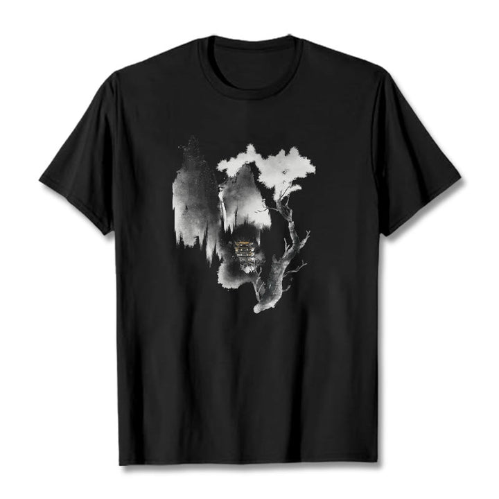 Buddha Stones、パビリオン、ツリー、ガチョウ、山の周りの模様のTシャツ - 黒 - 2XL - image 5