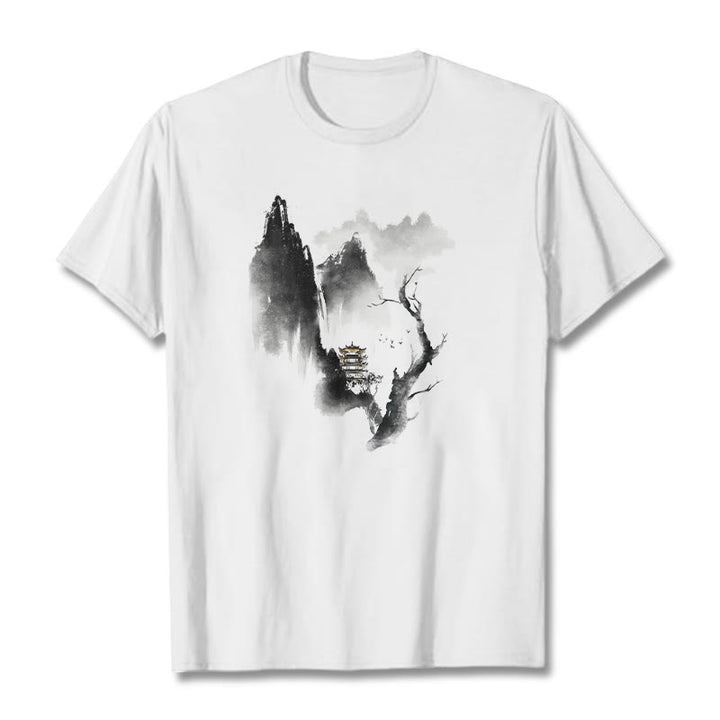 Buddha Stones、パビリオン、ツリー、ガチョウ、山の周りの模様のTシャツ - 白 - 2XL - image 3