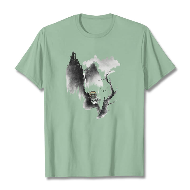 Buddha Stones、パビリオン、ツリー、ガチョウ、山の周りの模様のTシャツ - 淡い緑色 - 2XL - image 15