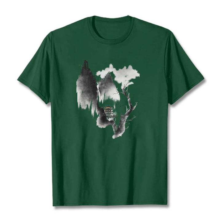 Buddha Stones、パビリオン、ツリー、ガチョウ、山の周りの模様のTシャツ - フォレストグリーン - 2XL - image 11