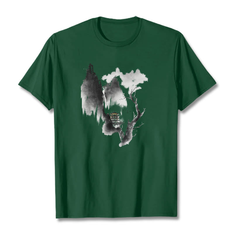 Buddha Stones、パビリオン、ツリー、ガチョウ、山の周りの模様のTシャツ - フォレストグリーン - 2XL - image 12