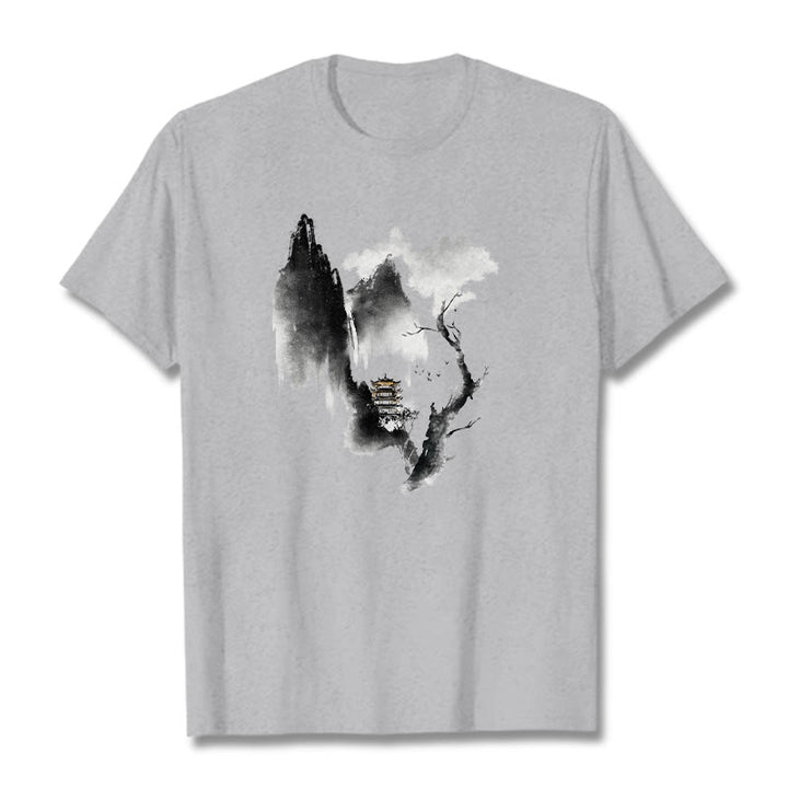 Buddha Stones、パビリオン、ツリー、ガチョウ、山の周りの模様のTシャツ - ライトグレー - 2XL - image 0