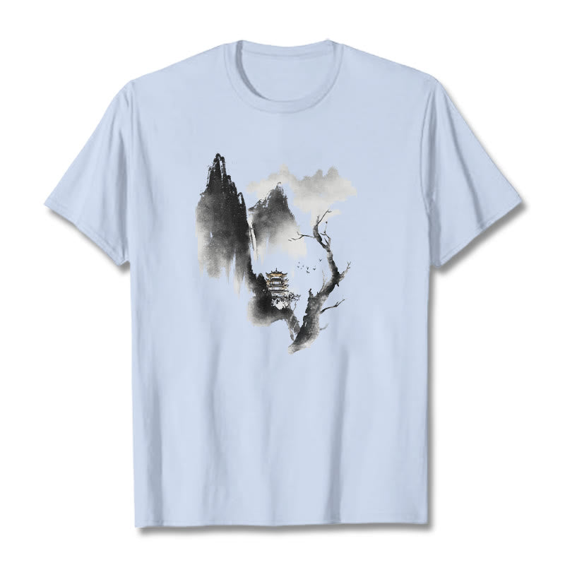 Buddha Stones、パビリオン、ツリー、ガチョウ、山の周りの模様のTシャツ - ライトシアン - 2XL - image 20