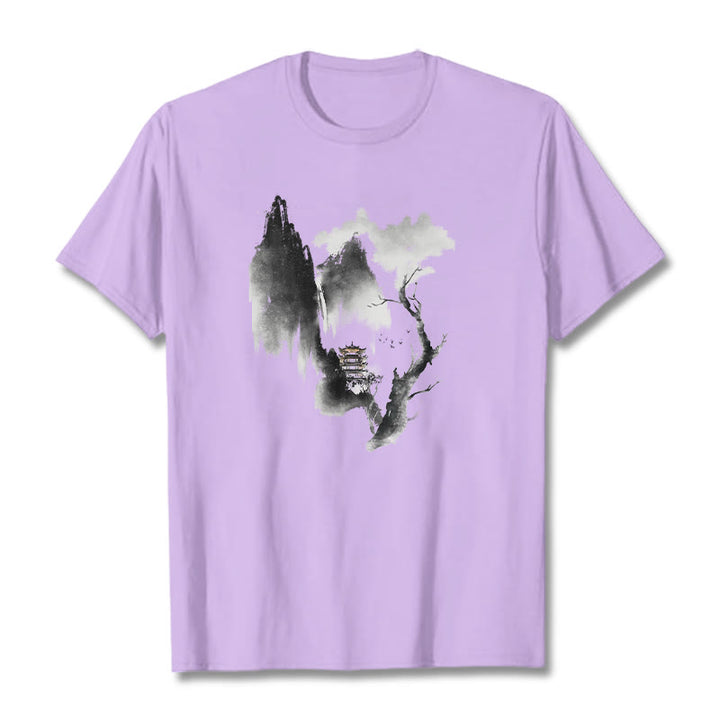 Buddha Stones、パビリオン、ツリー、ガチョウ、山の周りの模様のTシャツ - 梅 - 2XL - image 18