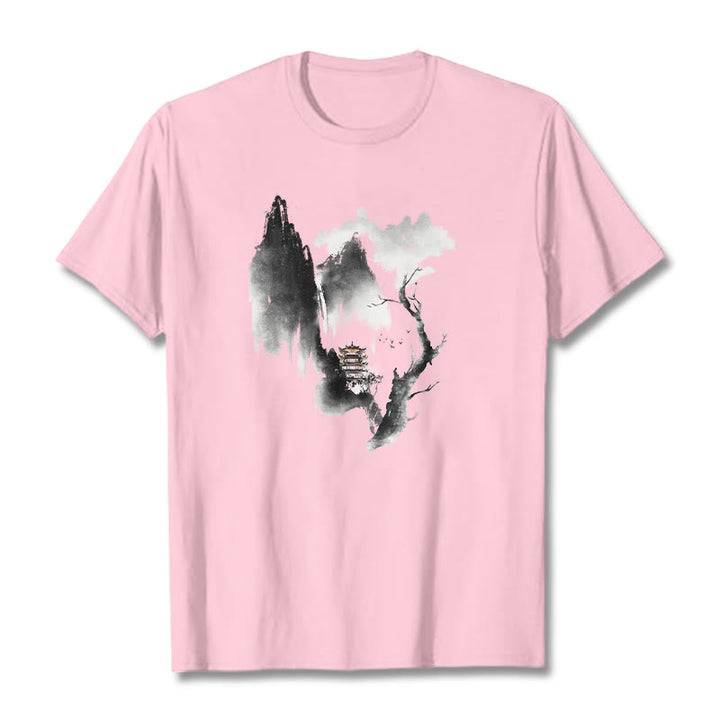 Buddha Stones、パビリオン、ツリー、ガチョウ、山の周りの模様のTシャツ - ライトピンク - 2XL - image 13