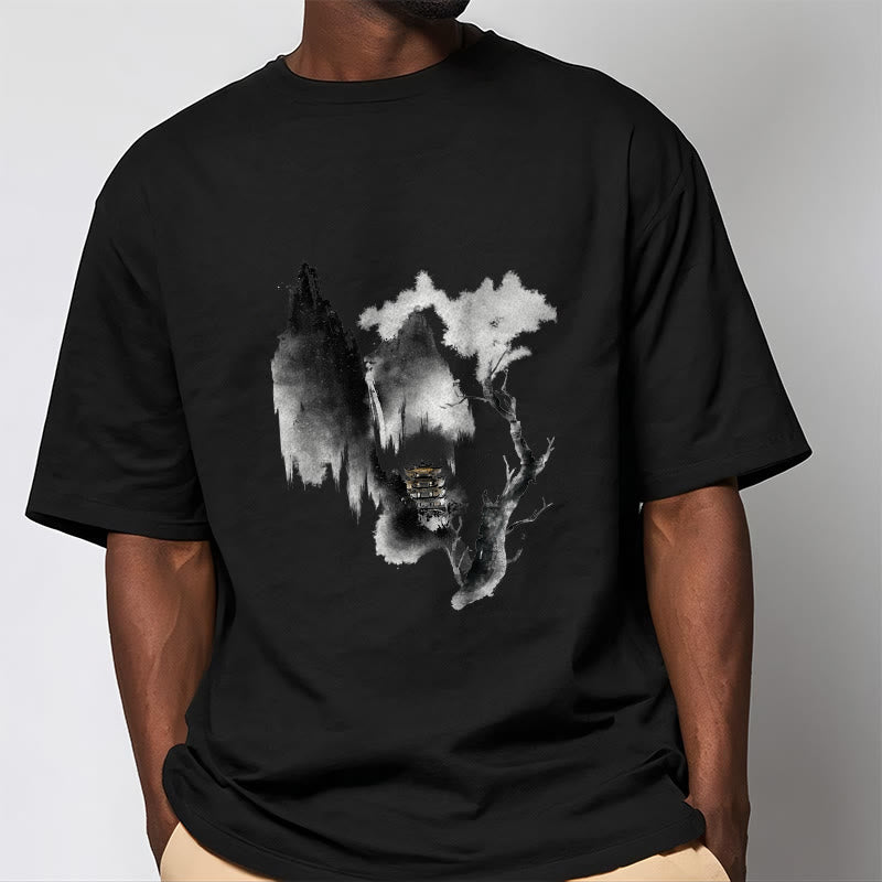 Buddha Stones、パビリオン、ツリー、ガチョウ、山の周りの模様のTシャツ - image 8