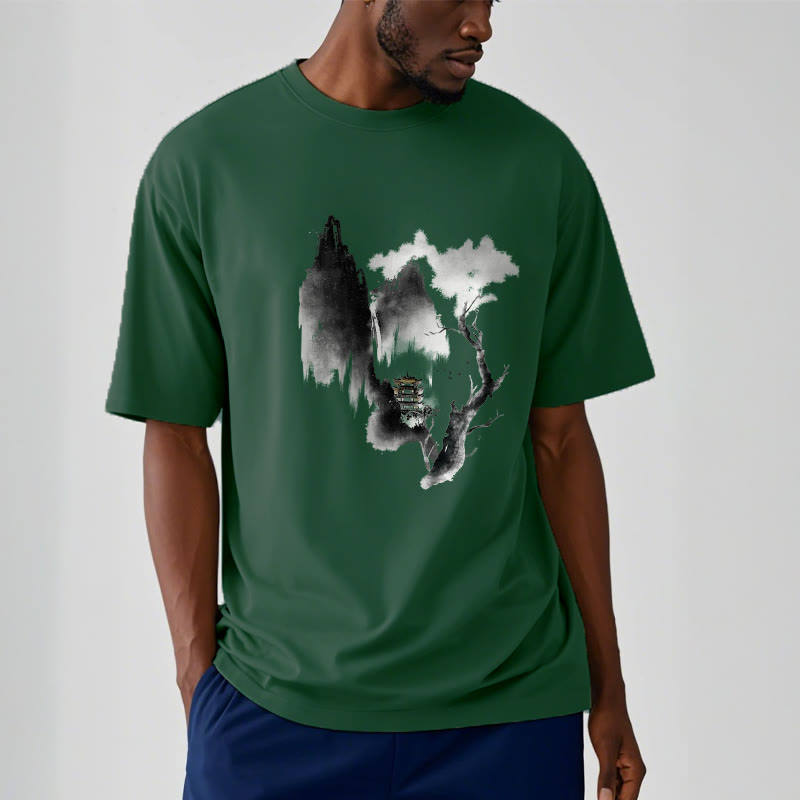 Buddha Stones、パビリオン、ツリー、ガチョウ、山の周りの模様のTシャツ - image 13