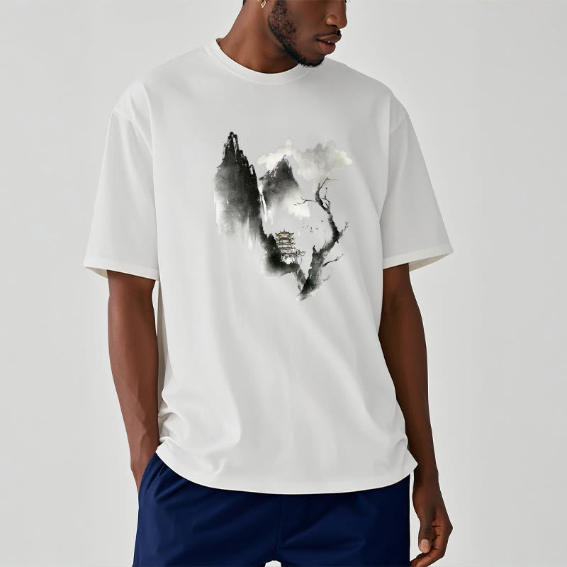 Buddha Stones、パビリオン、ツリー、ガチョウ、山の周りの模様のTシャツ - image 4