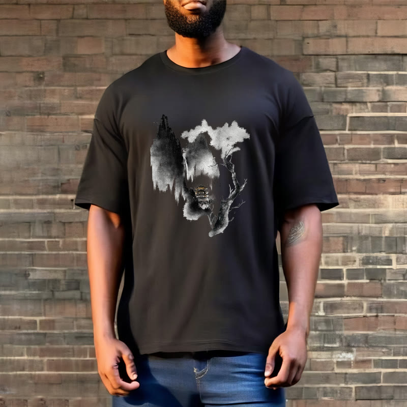 Buddha Stones、パビリオン、ツリー、ガチョウ、山の周りの模様のTシャツ - image 6