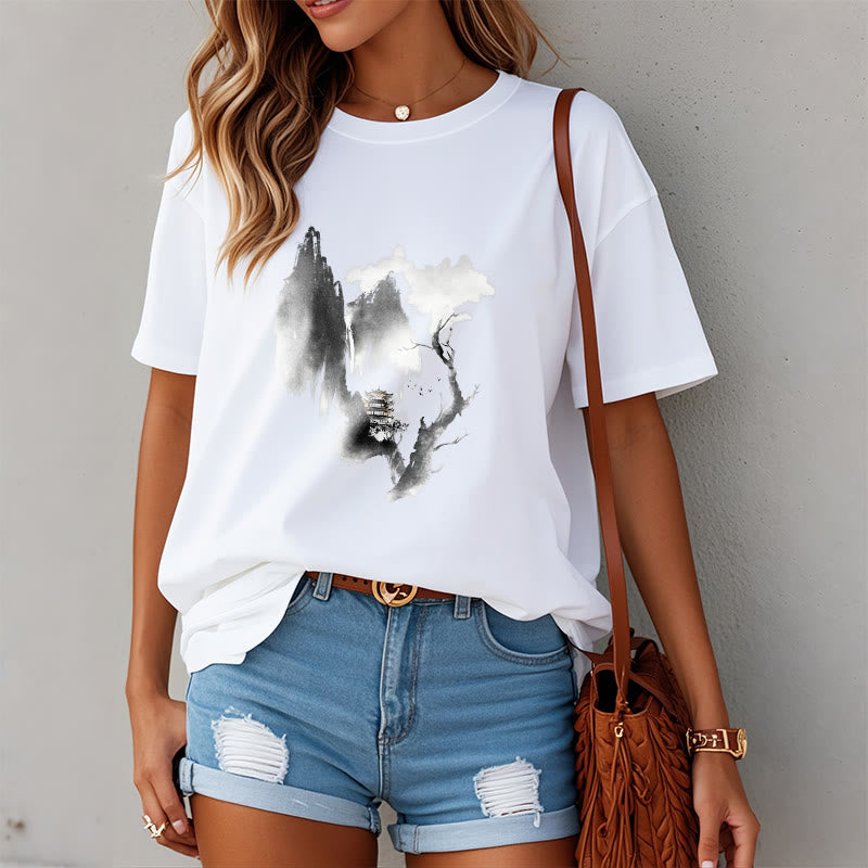 Buddha Stones、パビリオン、ツリー、ガチョウ、山の周りの模様のTシャツ - image 4