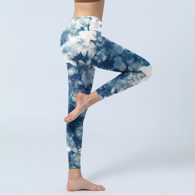 Buddha Stones、青いユリの花、水彩テクスチャプリントのジムレギンス、レディースヨガパンツ - image 3