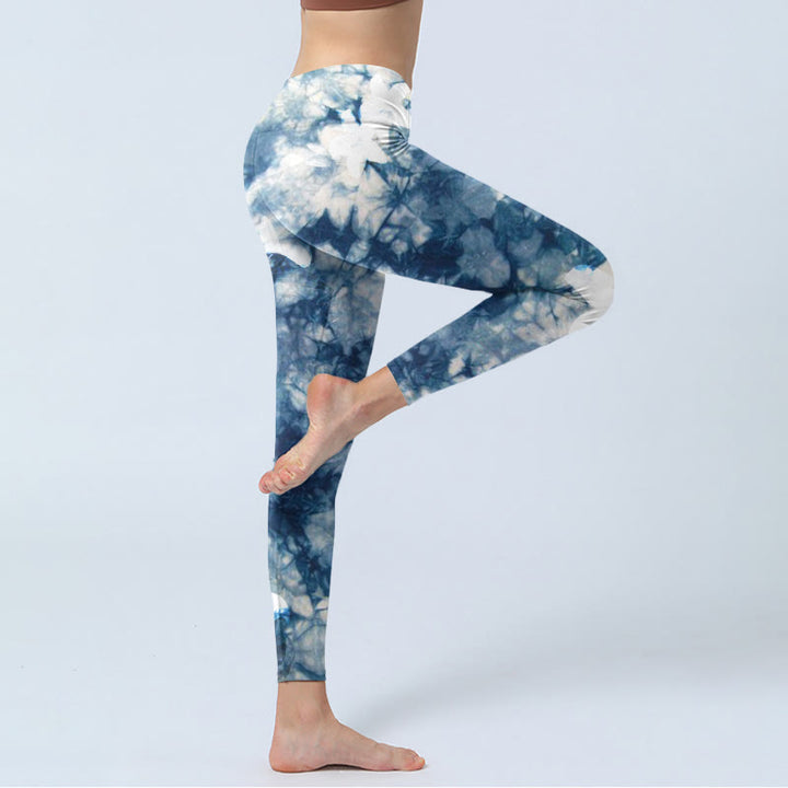 Buddha Stones、青いユリの花、水彩テクスチャプリントのジムレギンス、レディースヨガパンツ - image 3