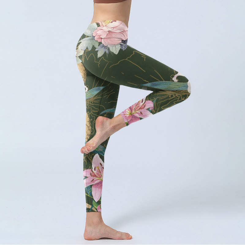 Buddha Stones、グリーン、ゴールデン、スネーク、ユリ、牡丹の花のプリントジムレギンス、レディースヨガパンツ - image 4