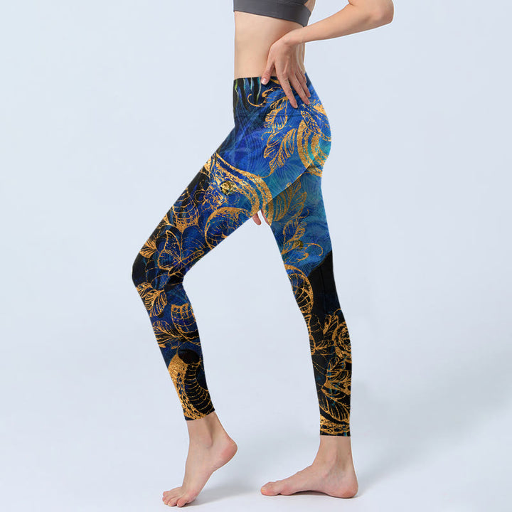 Buddha Stones、黒蛇、蝶、花、葉のプリント、ジムレギンス、レディースヨガパンツ - image 3