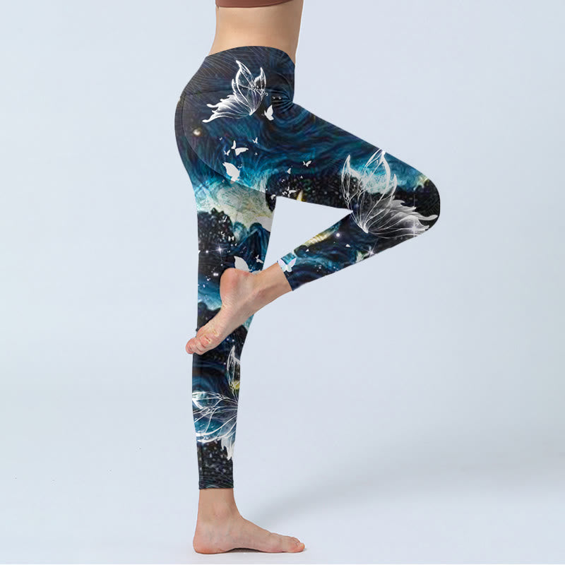 Buddha Stonesブルー バタフライ ウォーターウェーブ ムーンプリント ジムレギンス レディース ヨガパンツ - image 4
