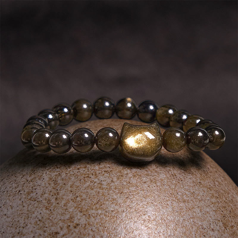 Buddha Stones金色光沢黒曜石 銀色光沢黒曜石 愛らしい足跡 招き猫守護ブレスレット - image 3