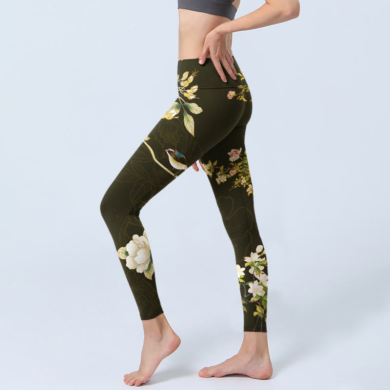 Buddha Stonesブラック マグノリアフラワープリント ジムレギンス レディース ヨガパンツ - image 3