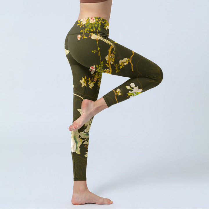 Buddha Stonesブラック マグノリアフラワープリント ジムレギンス レディース ヨガパンツ - image 4