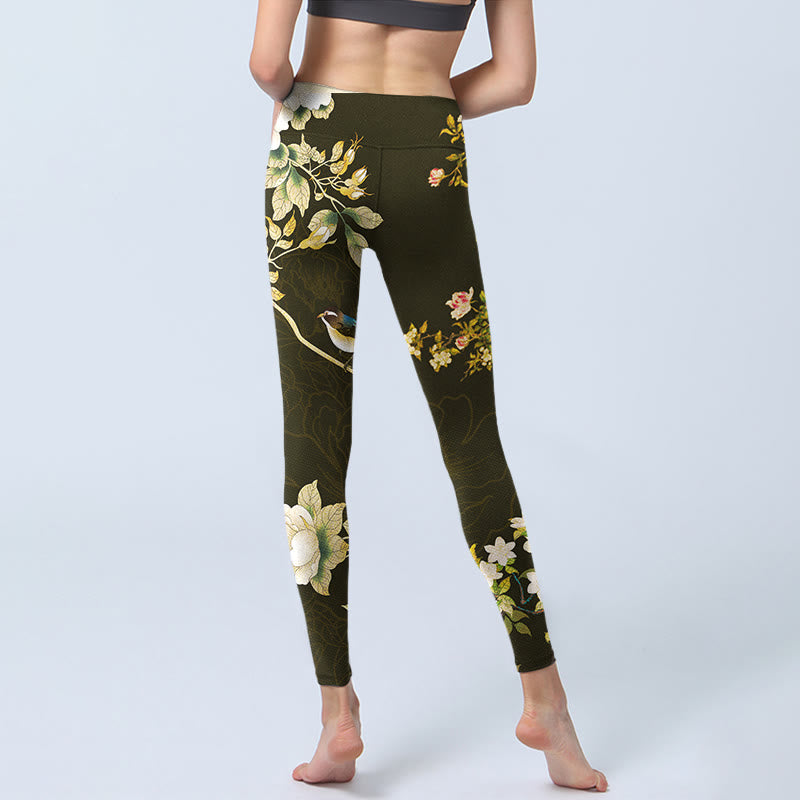 Buddha Stonesブラック マグノリアフラワープリント ジムレギンス レディース ヨガパンツ - image 7