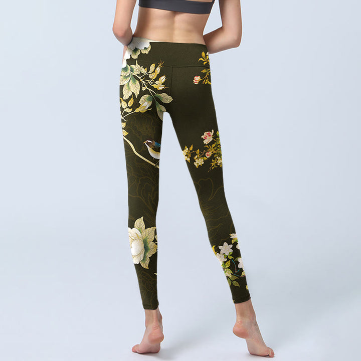 Buddha Stonesブラック マグノリアフラワープリント ジムレギンス レディース ヨガパンツ - image 7