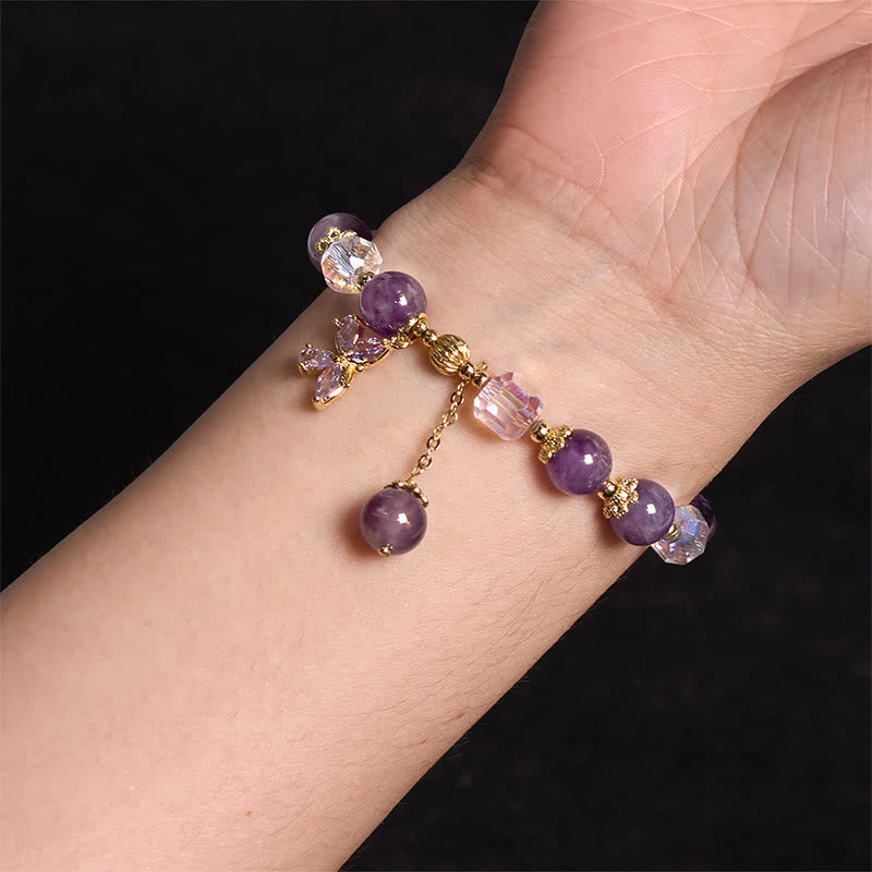 Buddha Stones 天然アメジストのスピリチュアル 蝶モチーフチャームブレスレット