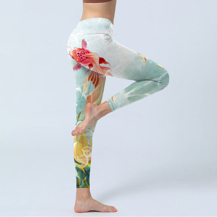 Buddha Stones、緑の鯉、白い蓮の水の波紋プリントのジムレギンス、レディースヨガパンツ - image 4