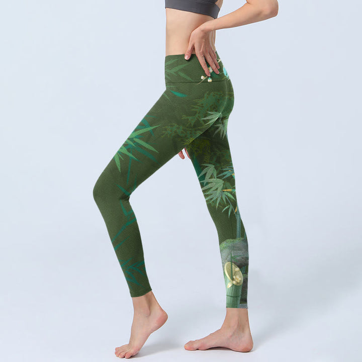 Buddha Stones、グリーン、竹、岩、花柄プリントのジムレギンス、レディースヨガパンツ - image 3