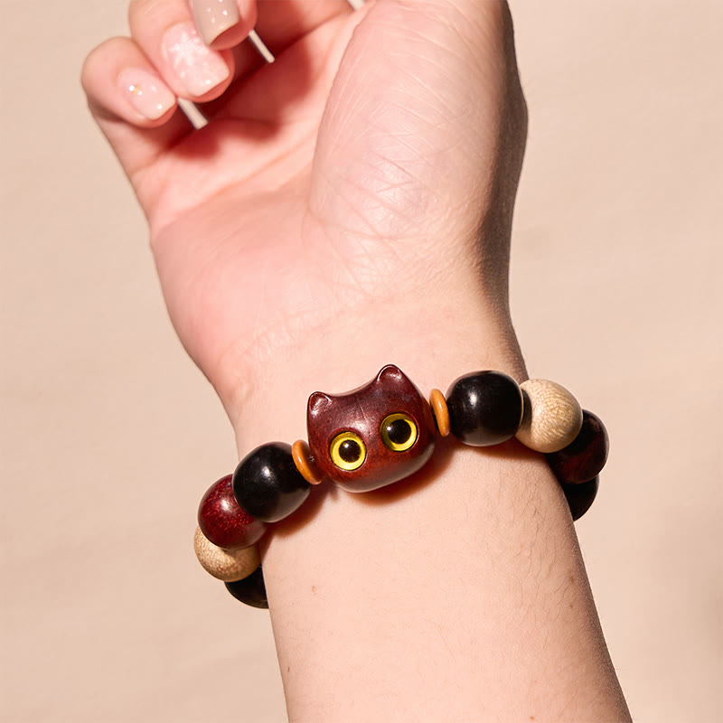 Buddha Stones小葉紫檀黒檀かわいい猫 彫刻守護ブレスレット - image 5