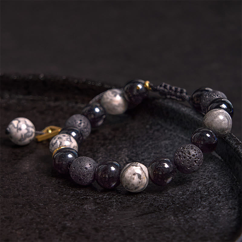 Buddha Stones黒曜石 溶岩石 陰陽強さブレスレット - image 1