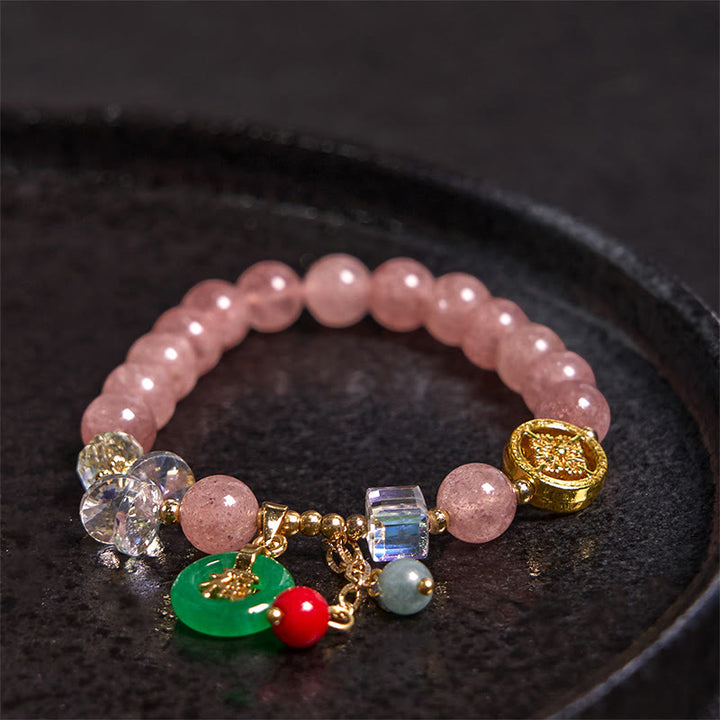 Buddha Stones ストロベリークォーツ＆翡翠 福チャーム付き ヒーリングブレスレット