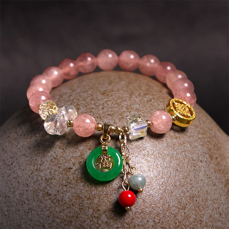 Buddha Stones ストロベリークォーツ＆翡翠 福チャーム付き ヒーリングブレスレット