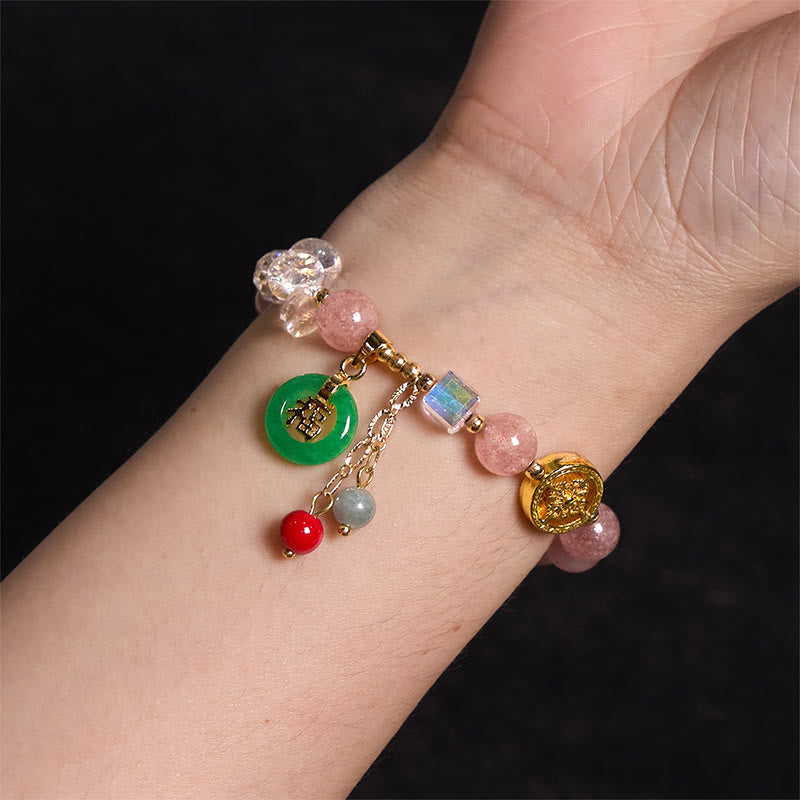 Buddha Stones ストロベリークォーツ＆翡翠 福チャーム付き ヒーリングブレスレット